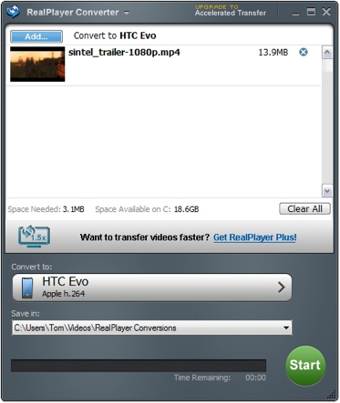RealPlayer Converter HTC Evo