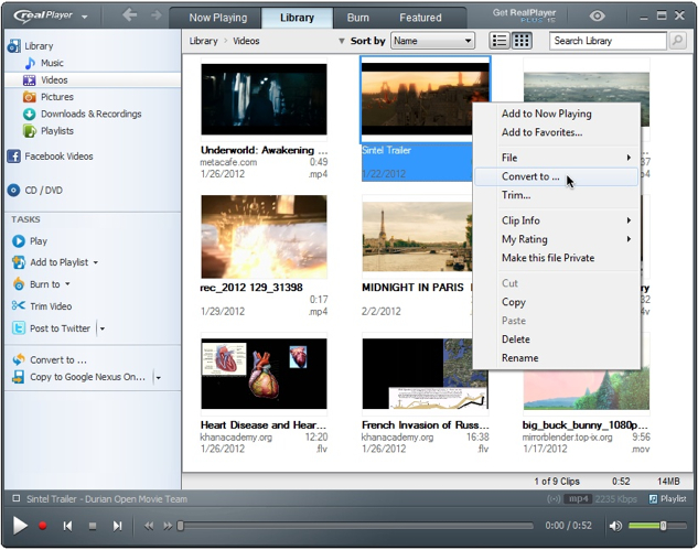 RealPlayer Video Library