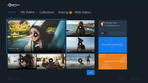 home screen for realplayer cloud app on xbox one