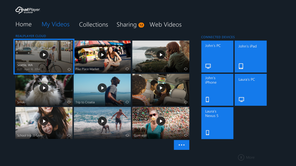 my videos screen for realplayer cloud app on xbox one