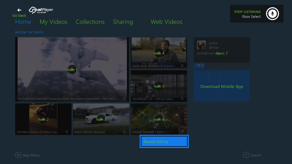 sharing screen for realplayer cloud app on xbox one