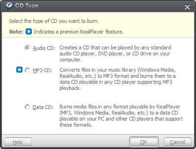 RealPlayer CD Type Selector